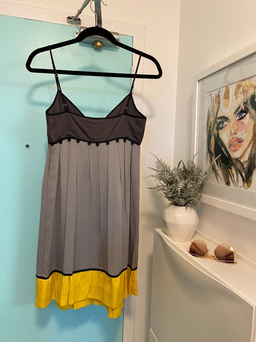 MINT ARNOLD GRAY & YELLOW SILK WITH POM POMS SLIP DRESS SIZE US 4 - Picture 7 of 12